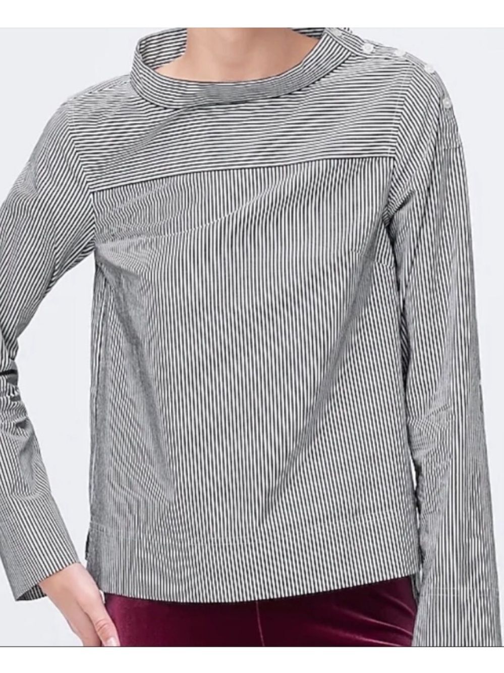 J.Crew funnel neck striped blouse featuring button shoulder details 00